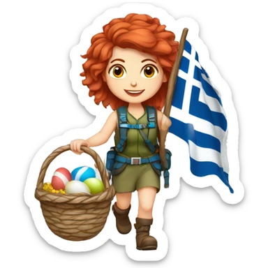 Greek Female winter mountaineer red hair white skin climbing with Greek Flag and Easter eggs basket sticker
