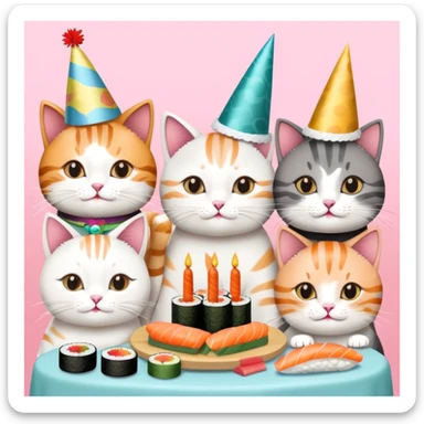 Nine cats eating sushi at a birthday party sticker