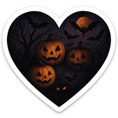 heart with Halloween theme, spooky, pumpkins, bats, dark colors sticker