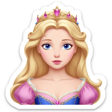 Cinematic Realistic Sleeping Beauty (Aurora) Portrait, with porcelain-like skin featuring a natural rosy flush, illuminated by soft lighting that highlights the gentle contours of her face. Her golden blonde hair flows in soft, detailed waves with subtle highlights that shimmer in the light. Her deep violet-blue eyes radiate warmth and innocence, framed by arched brows and long lashes. Her serene expression exudes quiet elegance. She is dressed in her classic pink gown, the fabric rich in texture with delicate folds that catch the light. A golden crown rests atop her head, gleaming with royal refinement. The portrait captures a soft, glowing aura, blending realism with an ethereal sense of beauty and timeless enchantment. sticker