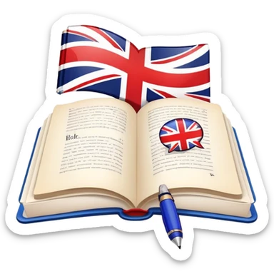 An icon featuring an open book with English words and phrases, a speech bubble with 'hello', and a British flag. The design includes a pen, alphabet letters, and grammar symbols, symbolizing the study and mastery of the English language. Transparent background. sticker
