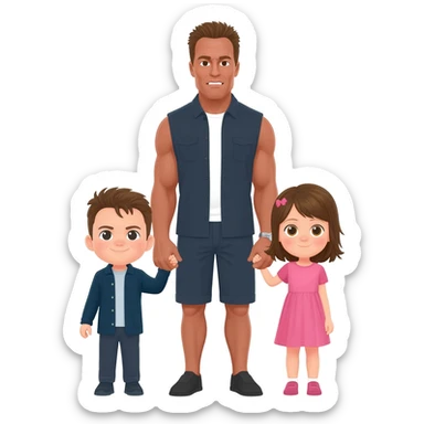 Arnold Schwarzenegger with his little boy and a little girl sticker