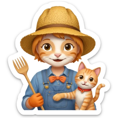 farmer cat gardener in denim overalls with a straw hat sticker