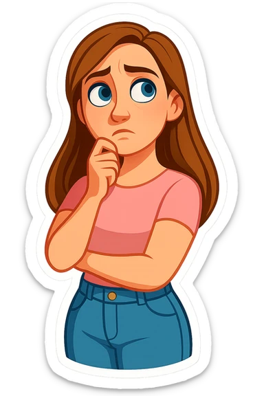 3D cartoon sticker, DreamWorks style of a 30-year-old woman with long light brown hair below shoulder blades, fair skin, large expressive blue eyes, slight bump on nose, wearing a pastel pink t-shirt and light blue mom jeans, thoughtful expression, soft light, white sticker outline sticker