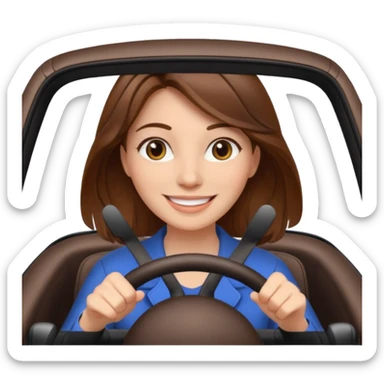 Brown hair woman driving car. Happy face sticker