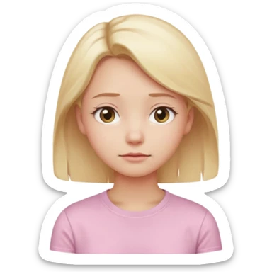 A cute emoji-style girl with light blonde hair and a soft pink t-shirt, looking thoughtfully into the distance, gentle expression, slightly furrowed brows, dreamy eyes, clean white background, simple and smooth vector-like design, pastel tones, 2D flat illustration, high clarity, emoji aesthetic sticker
