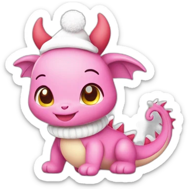 cute, little Pink dragon, in sweater and Christmas hat. adorable happy kawaii style, colorful, clear outline, vector, simple white background, 8k, 3:2 sticker