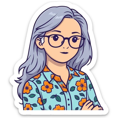 Hippie woman with long flowing gray hair and glasses wearing floral shirt sticker