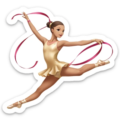 A graceful rhythmic gymnast performing with a flowing ribbon, executing an elegant leap mid-air. The pose exudes flexibility, balance, and artistry. The background suggests a competition arena with soft lighting, emphasizing movement, precision, and the beauty of the sport. sticker