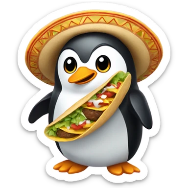 Penguin with curly hair and holding a taco with a sombrero on its head sticker