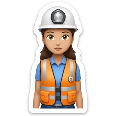 Brunette brown Girl full body standing with her white security helmet and security vest that fits her big on, also with her black backpack. Full body sticker