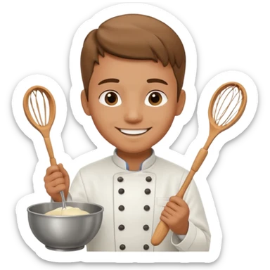 Male Young Pastry Chef – smiling, holding whisk and mixing bowl. sticker
