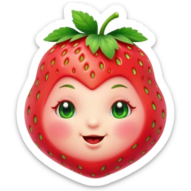 Cinematic plump happy strawberry, glossy bright red, tiny round eyes and blushing cheeks, green leafy top slightly tilted, cheerful and charming. sticker