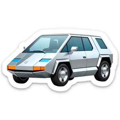 A futuristic chrome car emoji, sharp geometric body design inspired by cybertruck aesthetics, smooth silver metallic surface, matte and glossy chrome mix, minimal details, soft reflections, clean edges, iOS emoji style, centered, clean white background, soft studio lighting, no text sticker