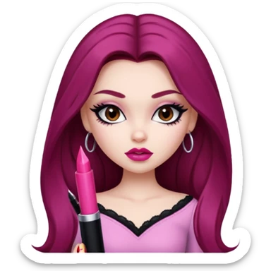 pale skin, girly bratz baddie, beautiful dark brown eyes, sharp black eyeliner, long dark red hair sticker