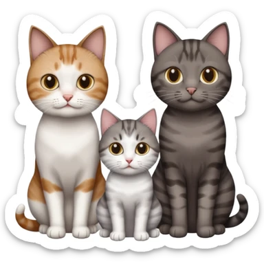 3 different coloured short haired cats including; a dark brown tabby and white cat, and a dark grey and white  sticker