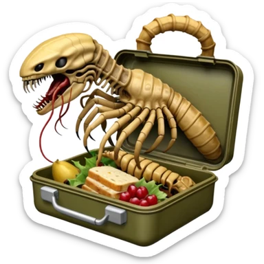 The Predator, as in the 1987 movie, eating an Alien facehugger from a lunchbox, the setting should be dark and sci-fi. sticker