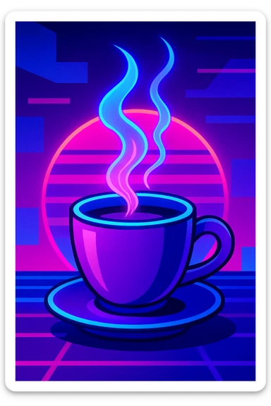 coffee cup in synthwave style, purple and blue gradients, glowing steam, 80s vibe sticker