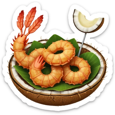 coconut shrimp, shrimp with coconut shell garnish, simple apple emoji style sticker