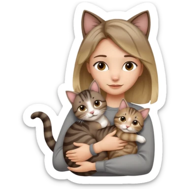 Une femme avec les cheveux dégradée, brun et blond, qui fait un câlin à son chat qui est gris, tigré avec les extrémités oreille patte et queue noir  sticker