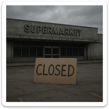 exterior of an abandoned supermarket, dusty and grey, with a large cardboard sign that says 'closed' placed in front of the store, somber mood sticker