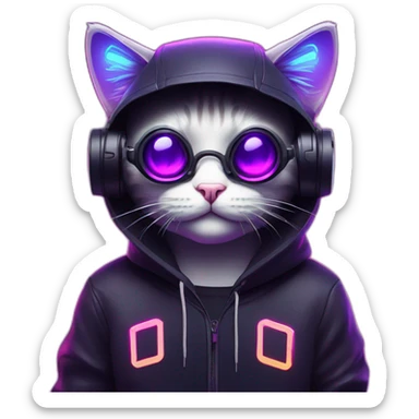 funny cat wearing a black hoodie with "OMG" letters on it and VR headset in a cyberpunk VR environment with violet neon lighting. sticker