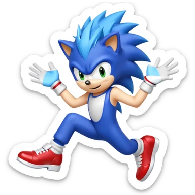 Sonic the Hedgehog, blue spiky hair, white gloves, red shoes, energetic expression sticker