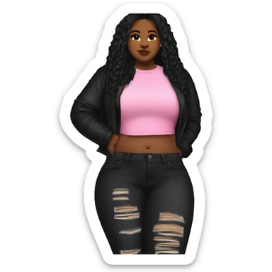 Bbw long back hair pink crop top and black ripped jeans and black heel boots  sticker