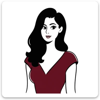 Sophisticated woman in her 30s with bright complexion, defined features, almond eyes with bold eyeliner and notable lashes, medium-thick eyebrows, straight elegant nose, thick bright red lips, voluminous dark straight hair with soft waves at ends, wine red velvet V-neck dress sticker