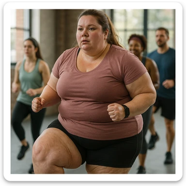overweight woman training in group, stubborn fat on legs and thighs, hyper realistic 4K style, social atmosphere, realistic details sticker