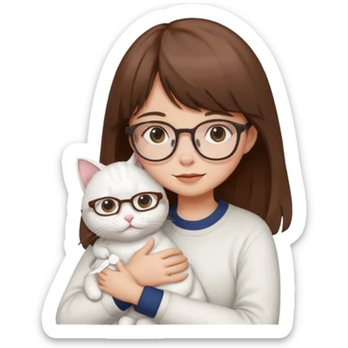 Cute girl brown hair have bangs and glasses hugging white cat sticker