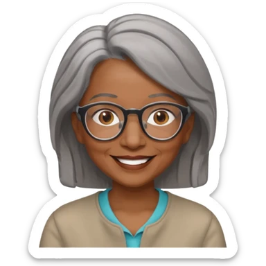 Older woman of color with gray shoulder length  hair and glasses and smiling sticker