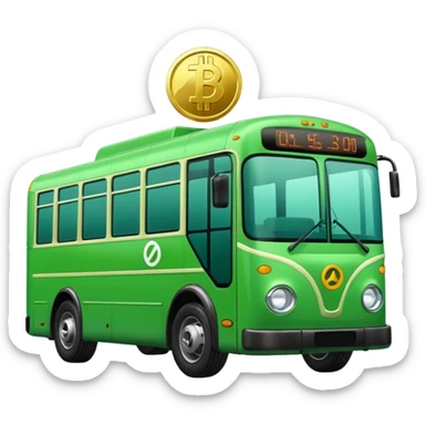 green electric bus with a shiny coin marked 0€, no text on the bus sticker