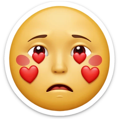 A yellow circular frowning face that is crying, with a dozen hearts floating from top to bottom in front of it sticker