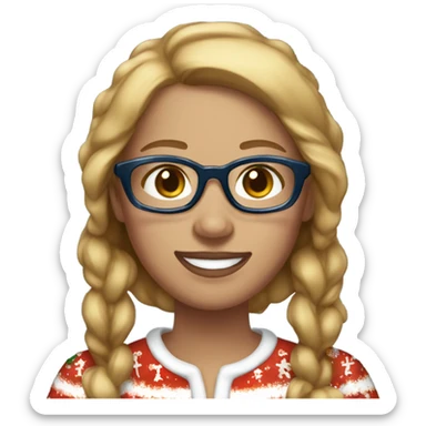 A woman wearing gingerbread Christmas pajamas, pretty, medium blonde hair, blue eyes, glasses, white teeth, freckles sticker