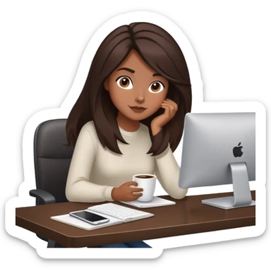girl with dark brown/black hair with fresh blowout sitting at a desk with coffee and computer sticker