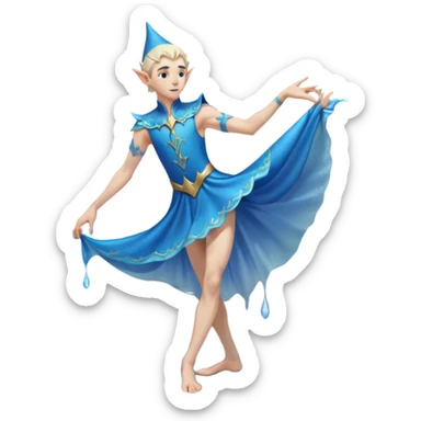 elf male dancer with water-like dress, graceful pose on wet sand, splashes, pointy ears, serene expression, centered emoji, ethereal blue colors sticker