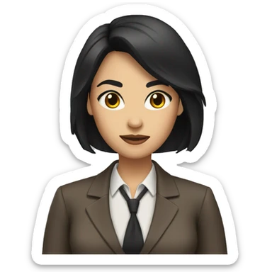 Female defense attorney with long black hair with brown suit sticker