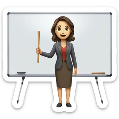 apple style emoji: brunette white woman as a teacher, with a stick in the hand and a whiteboard sticker