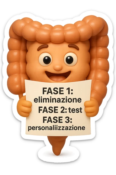 emoji stile iphone 3d di un intestino che tiene in mano un foglio con la scritta "FASE 1: eliminazione, FASE 2: test, FASE 3: personalizzazione, IPERREALISTICO 4K sticker