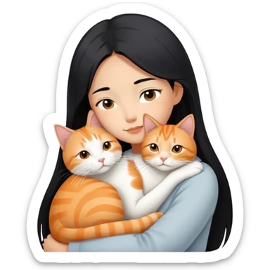 Young Asian woman with long straight black hair cuddling a white and orange tabby cat, gentle embrace, affectionate pose sticker
