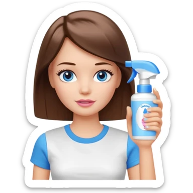 Barbie girl with makeup, blue eyes , and bob long haircut, short brown hair in white T-shirt, face Wash Cream sticker