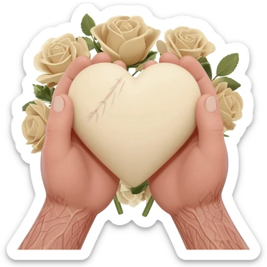 Realistic hands are holding light beige human heart with beige flowers sticker