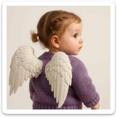 3D realistic game concept art of a cute baby girl, golden brown hair in little braids, charming blue eyes, wearing a cute purple knit sweater, with angel wings on her back, rear view, clean background, high-end, creative, minimalist sticker