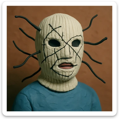 The mask is a full-head, white knitted balaclava with a tight ribbed texture. It features two asymmetrical eye openings and a partially exposed mouth area. Black thread is stitched across the surface in chaotic, abstract lines that trace facial features, giving a hand-drawn effect. Several black cords extend outward from the mask, varying in length and direction, adding a sculptural, almost organic appearance. The overall look is bold, handcrafted, and visually striking. sticker