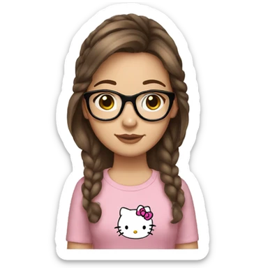 teenage girl, brown hair, brown eyes with glasses, hello kitty outfit sticker