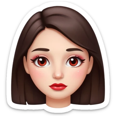“Emoji brunette girl, dewy skin, heavy blush across cheeks and nose bridge, glossy cherry lips, soft eyeliner, teary sparkling eyes sticker