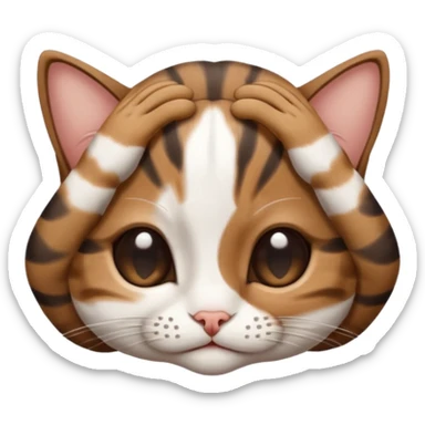 dark brown tabby and white small cat in funny positions upside down with paws covering eyes sticker