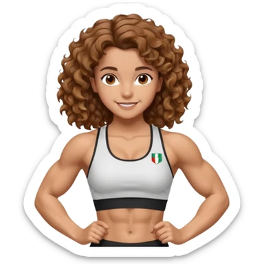big biceps, muscled torso, very beautiful italian happy girl, looking like Emma Watson, with wavy curly bright hazelnut hair, dressed in a beautiful sports outfit, very muscled sticker