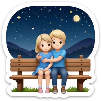 A boy and a girl sitting on a bench, hugging, underneath the stars sticker